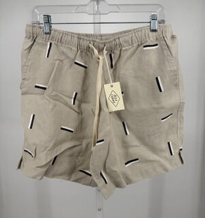 Alex Crane Bo Shorts Men L Tan Drawstring Tie Linen Geometric Comfort Breathable